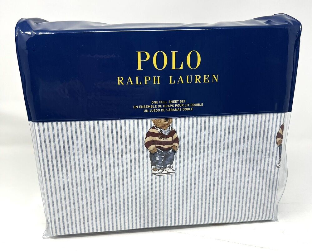 Polo Bear Ralph Lauren Teddy Bear FULL Sheet Set Light Blue Striped 4 Piece NIP